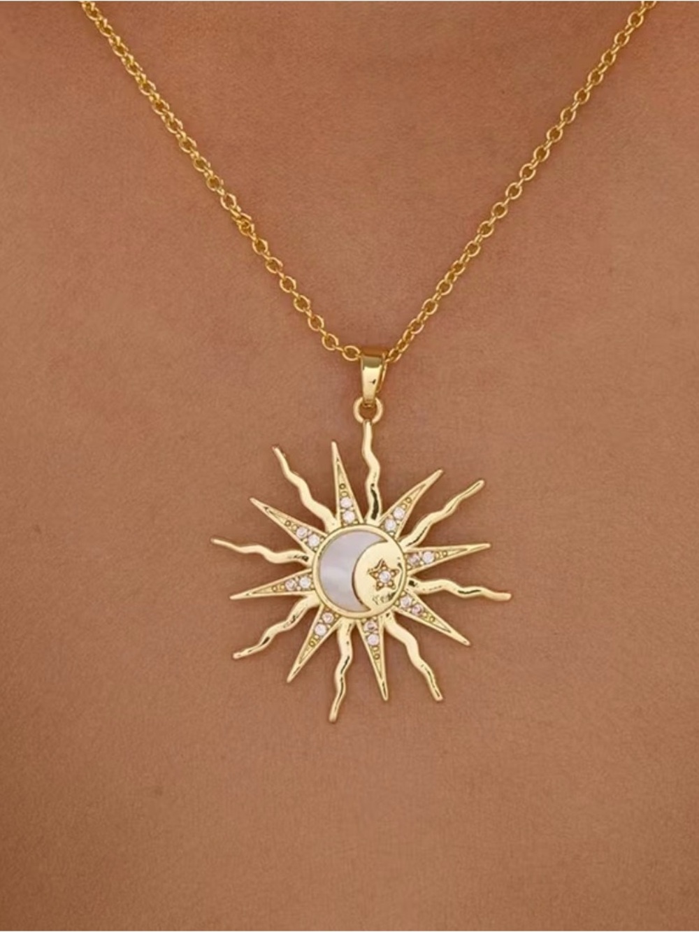 Gold Sun & Crescent Moon Pendant Necklace with Mother-of-Pearl Accent